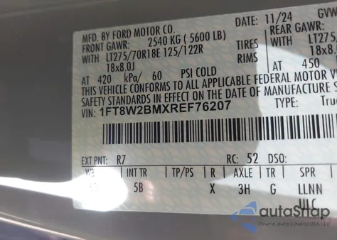 2024 Ford F-250 Lariat z USA, uszkodzony, nr VIN 1FT8W2BMXREF76207